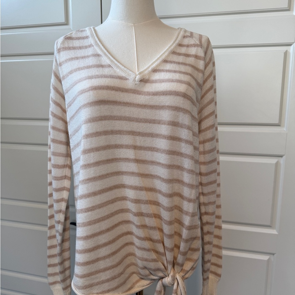 Lovestitch Beige and White Striped V-Neck Sweater